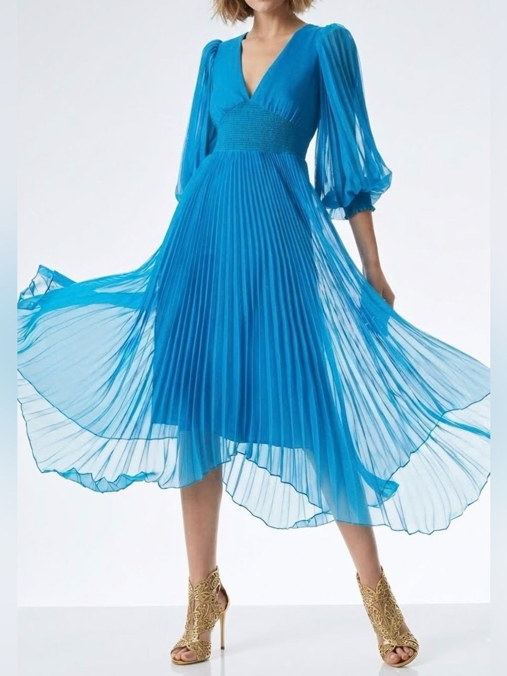 $550 Alice + Olivia Sion Sunburst Pleated Smocked Midi Dress Turkish Blue 10 NWT